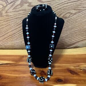Vtg Handmade Dice Black Beaded Necklace Dangle Earrings Set Screw Poker Cards